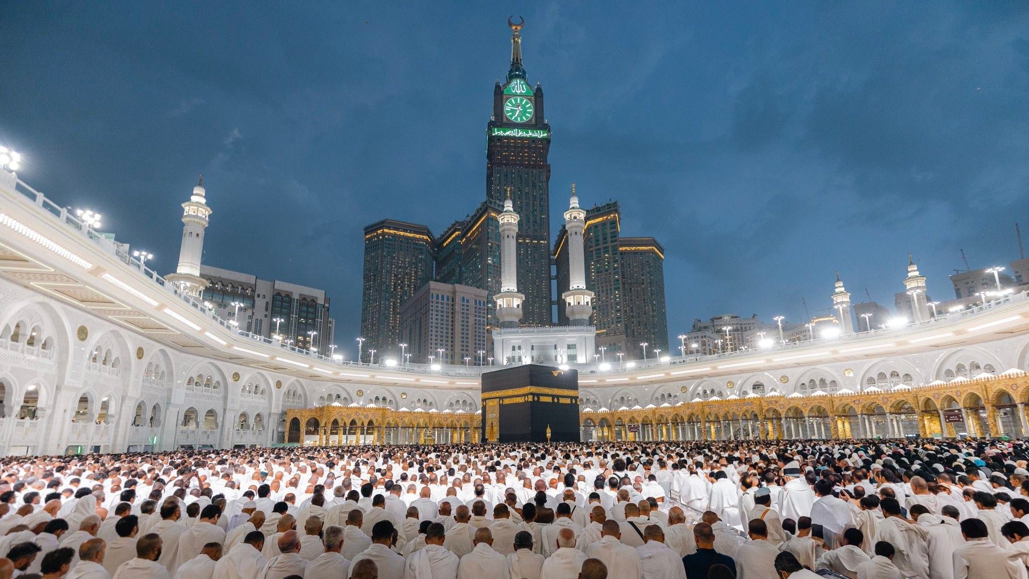 The Kaaba at the Grand Mosque in Makkah surrounded by worshippers